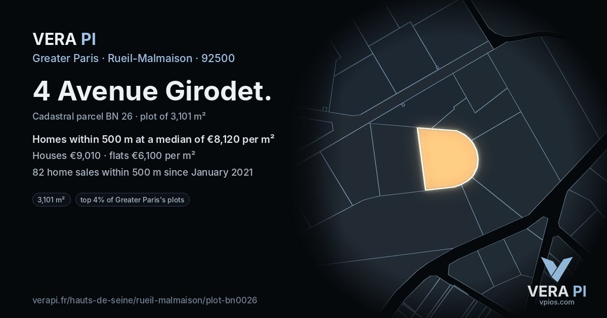 4 Avenue Girodet, Rueil-Malmaison at night – the plot lit, the parcels around coloured by the prices near them
