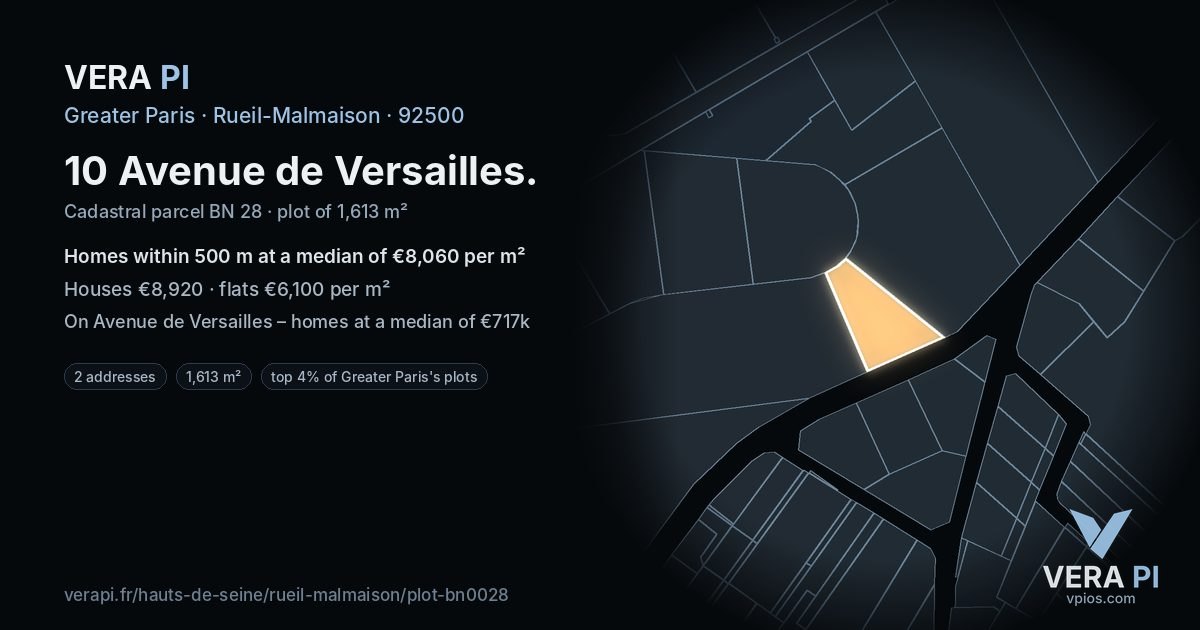 10 Avenue de Versailles, Rueil-Malmaison at night – the plot lit, the parcels around coloured by the prices near them