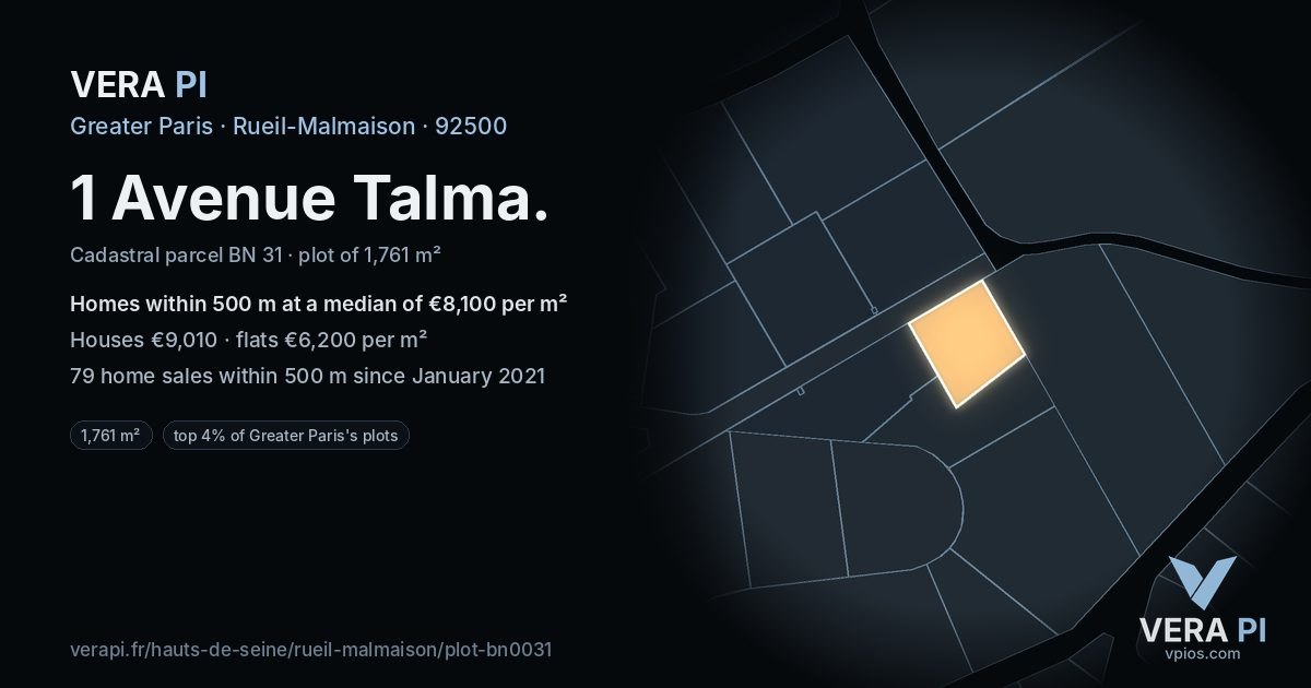 1 Avenue Talma, Rueil-Malmaison at night – the plot lit, the parcels around coloured by the prices near them