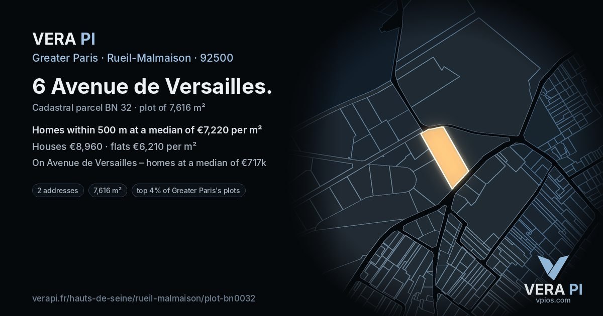 6 Avenue de Versailles, Rueil-Malmaison at night – the plot lit, the parcels around coloured by the prices near them