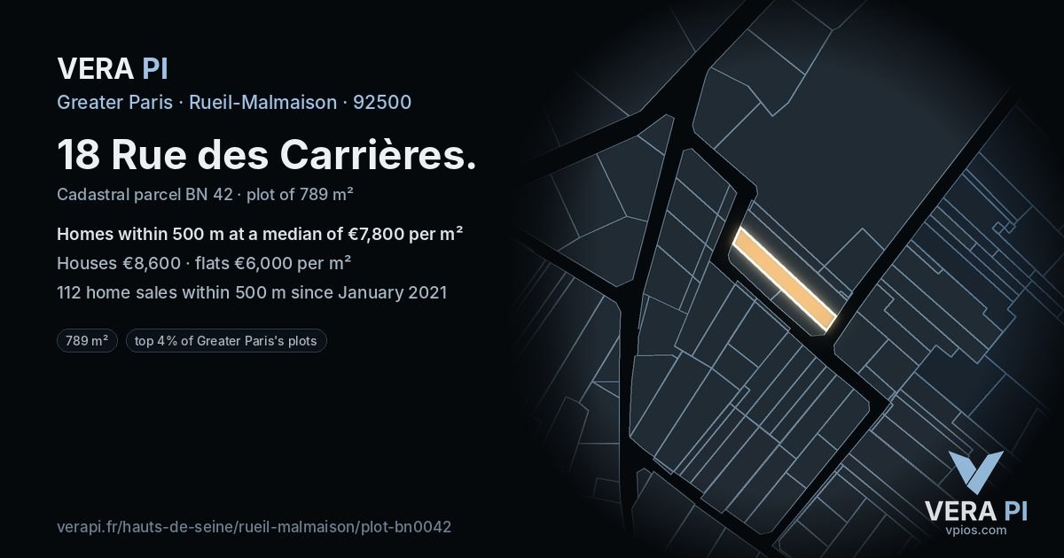 18 Rue des Carrières, Rueil-Malmaison at night – the plot lit, the parcels around coloured by the prices near them
