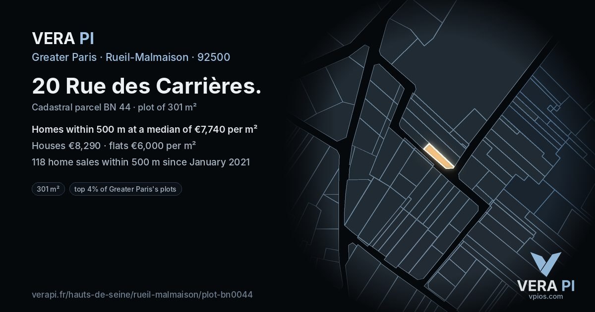 20 Rue des Carrières, Rueil-Malmaison at night – the plot lit, the parcels around coloured by the prices near them