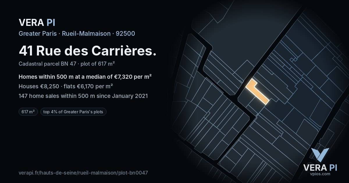 41 Rue des Carrières, Rueil-Malmaison at night – the plot lit, the parcels around coloured by the prices near them