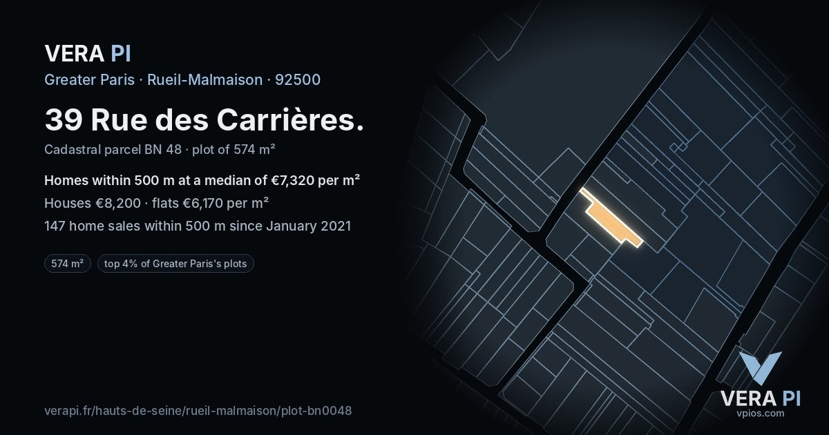39 Rue des Carrières, Rueil-Malmaison at night – the plot lit, the parcels around coloured by the prices near them