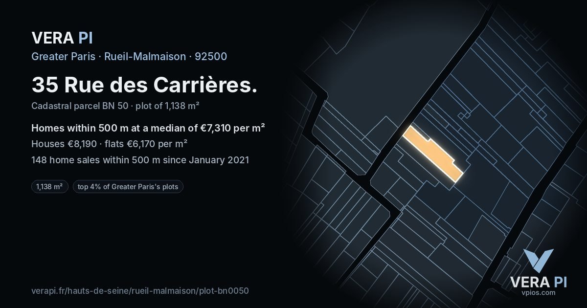 35 Rue des Carrières, Rueil-Malmaison at night – the plot lit, the parcels around coloured by the prices near them