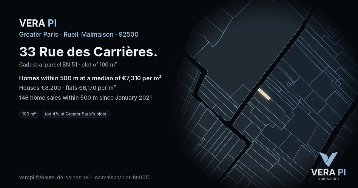 33 Rue des Carrières, Rueil-Malmaison at night – the plot lit, the parcels around coloured by the prices near them