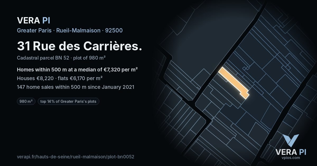 31 Rue des Carrières, Rueil-Malmaison at night – the plot lit, the parcels around coloured by the prices near them