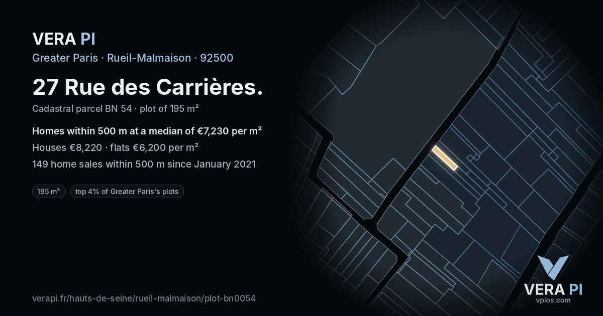 27 Rue des Carrières, Rueil-Malmaison at night – the plot lit, the parcels around coloured by the prices near them