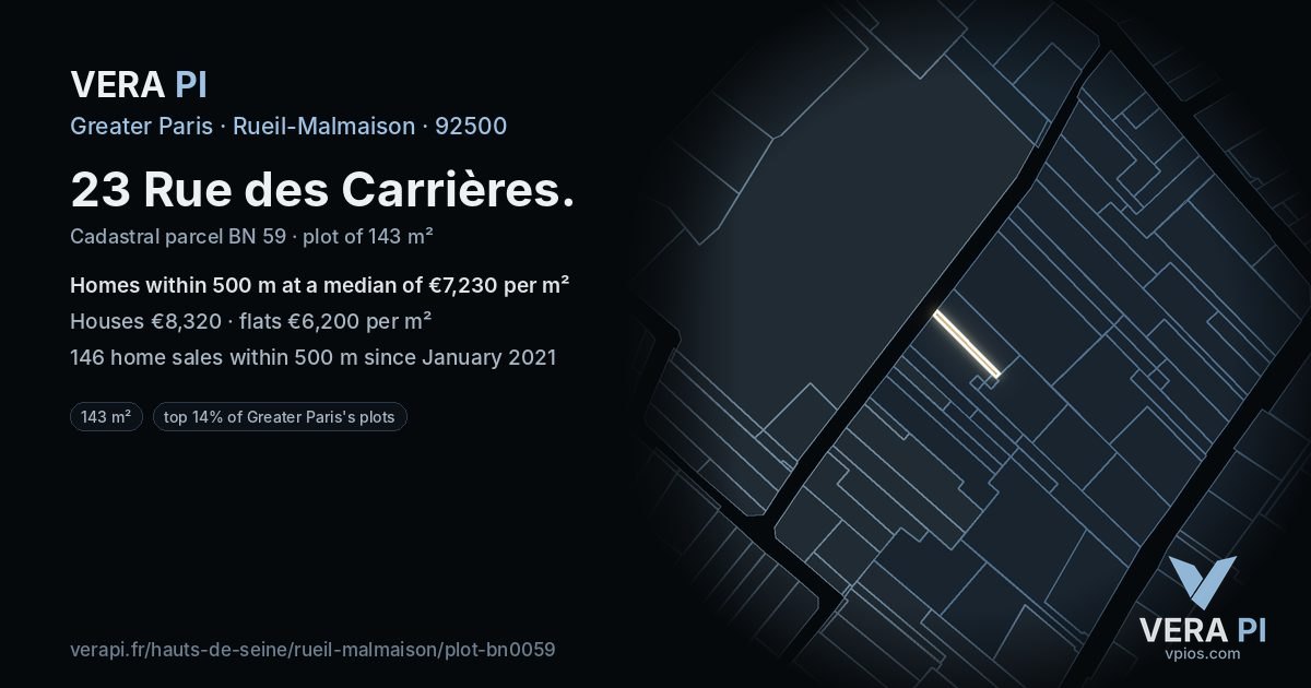23 Rue des Carrières, Rueil-Malmaison at night – the plot lit, the parcels around coloured by the prices near them