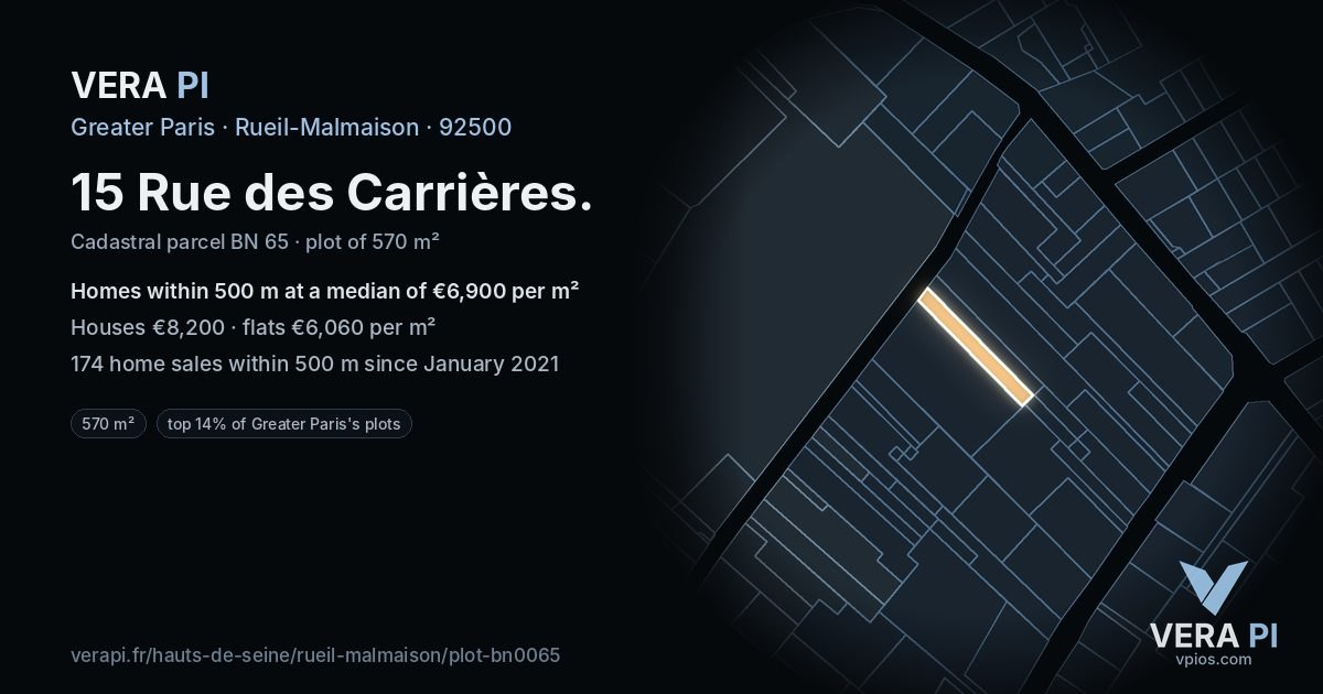 15 Rue des Carrières, Rueil-Malmaison at night – the plot lit, the parcels around coloured by the prices near them