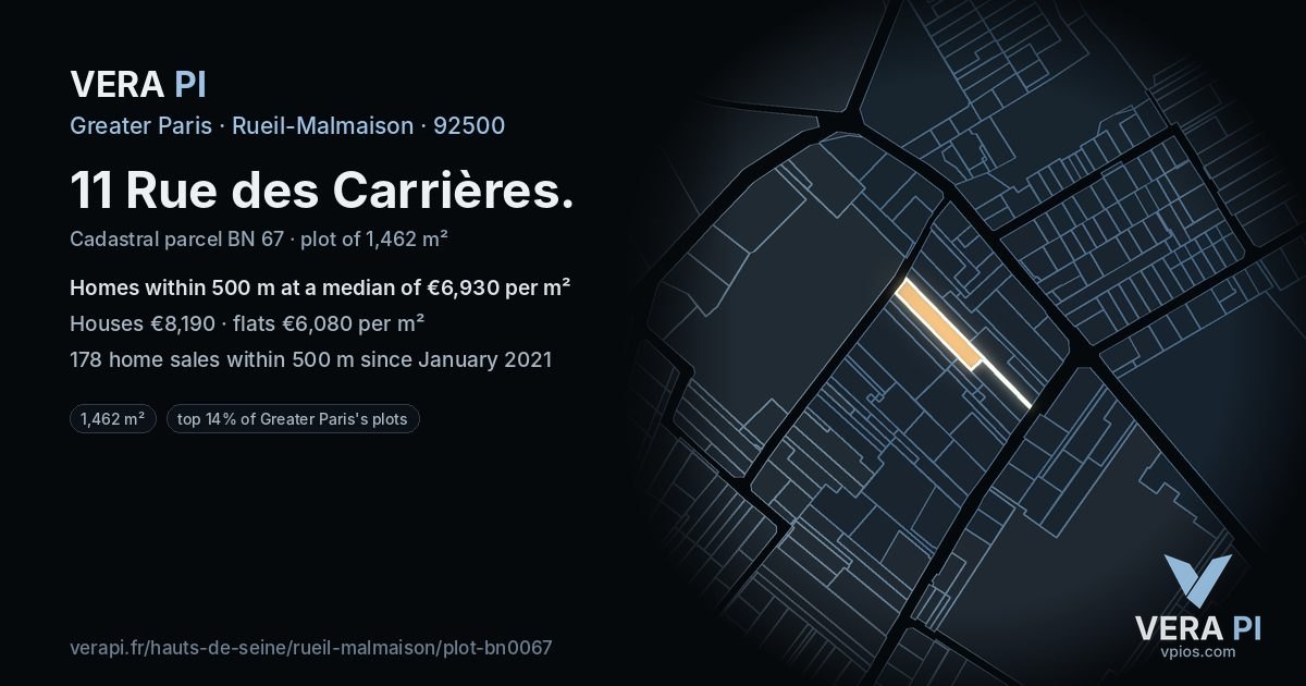 11 Rue des Carrières, Rueil-Malmaison at night – the plot lit, the parcels around coloured by the prices near them
