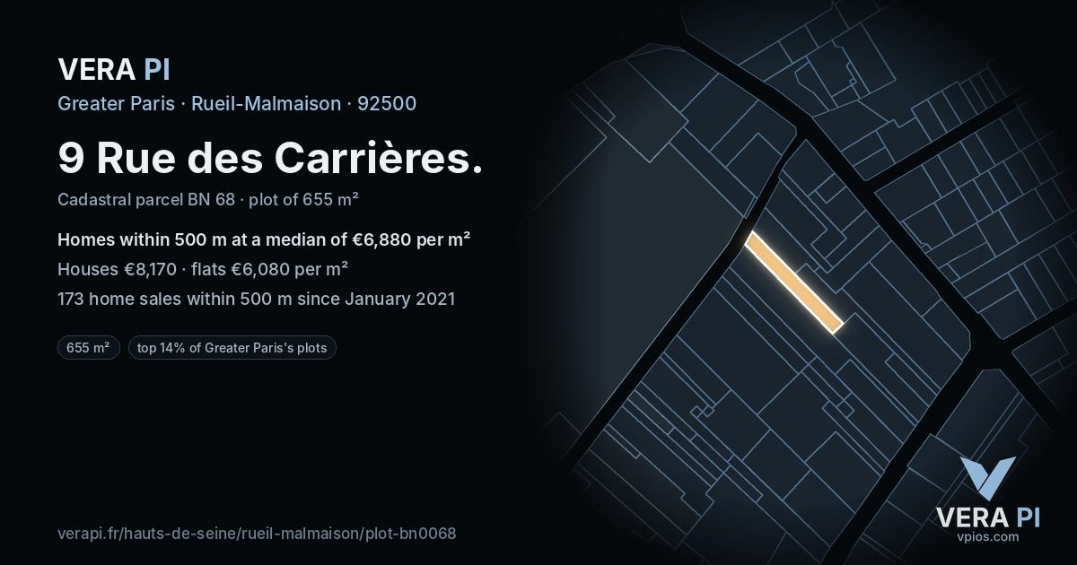 9 Rue des Carrières, Rueil-Malmaison at night – the plot lit, the parcels around coloured by the prices near them
