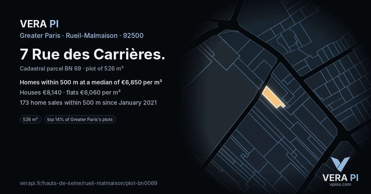 7 Rue des Carrières, Rueil-Malmaison at night – the plot lit, the parcels around coloured by the prices near them