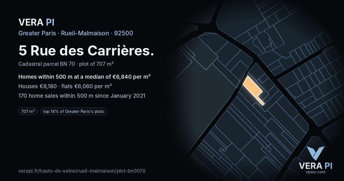 5 Rue des Carrières, Rueil-Malmaison at night – the plot lit, the parcels around coloured by the prices near them