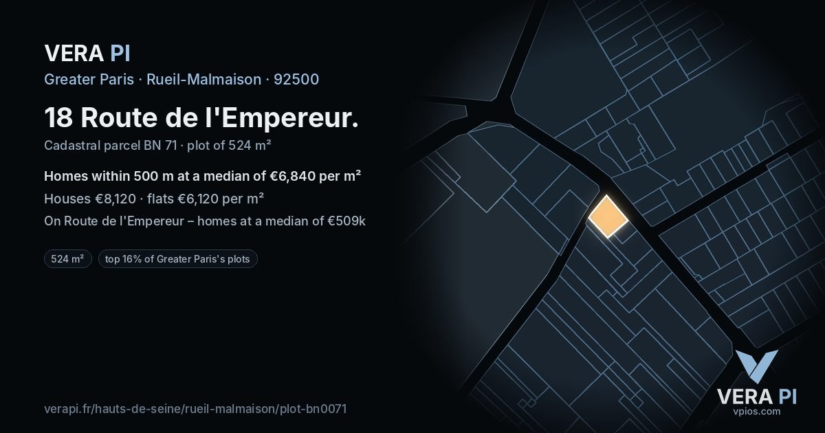 18 Route de l'Empereur, Rueil-Malmaison at night – the plot lit, the parcels around coloured by the prices near them