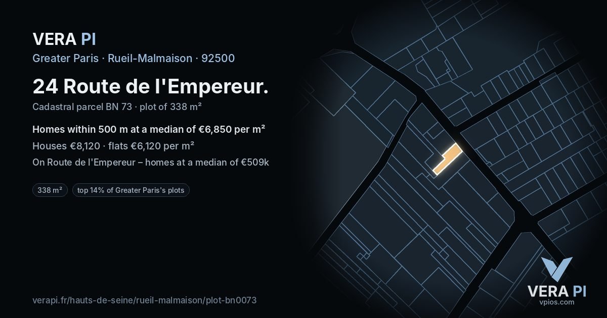 24 Route de l'Empereur, Rueil-Malmaison at night – the plot lit, the parcels around coloured by the prices near them