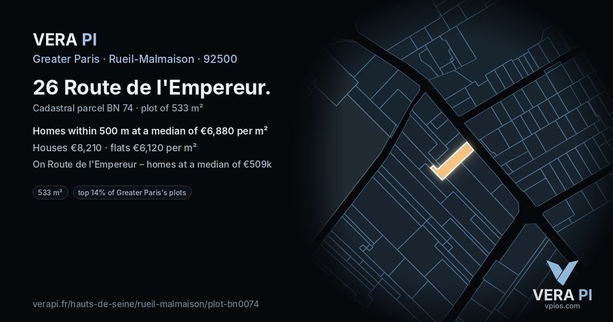 26 Route de l'Empereur, Rueil-Malmaison at night – the plot lit, the parcels around coloured by the prices near them
