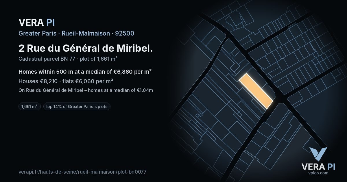 2 Rue du Général de Miribel, Rueil-Malmaison at night – the plot lit, the parcels around coloured by the prices near them