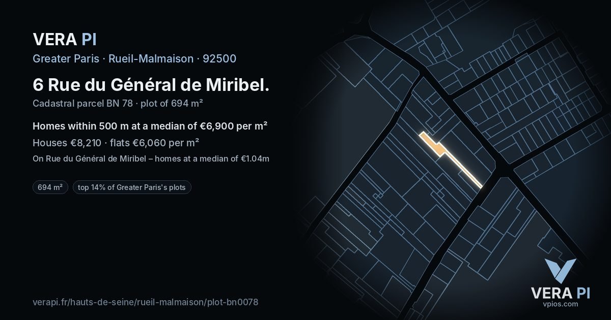 6 Rue du Général de Miribel, Rueil-Malmaison at night – the plot lit, the parcels around coloured by the prices near them