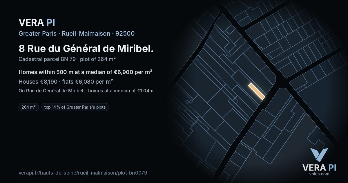 8 Rue du Général de Miribel, Rueil-Malmaison at night – the plot lit, the parcels around coloured by the prices near them