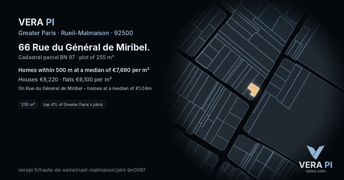 66 Rue du Général de Miribel, Rueil-Malmaison at night – the plot lit, the parcels around coloured by the prices near them