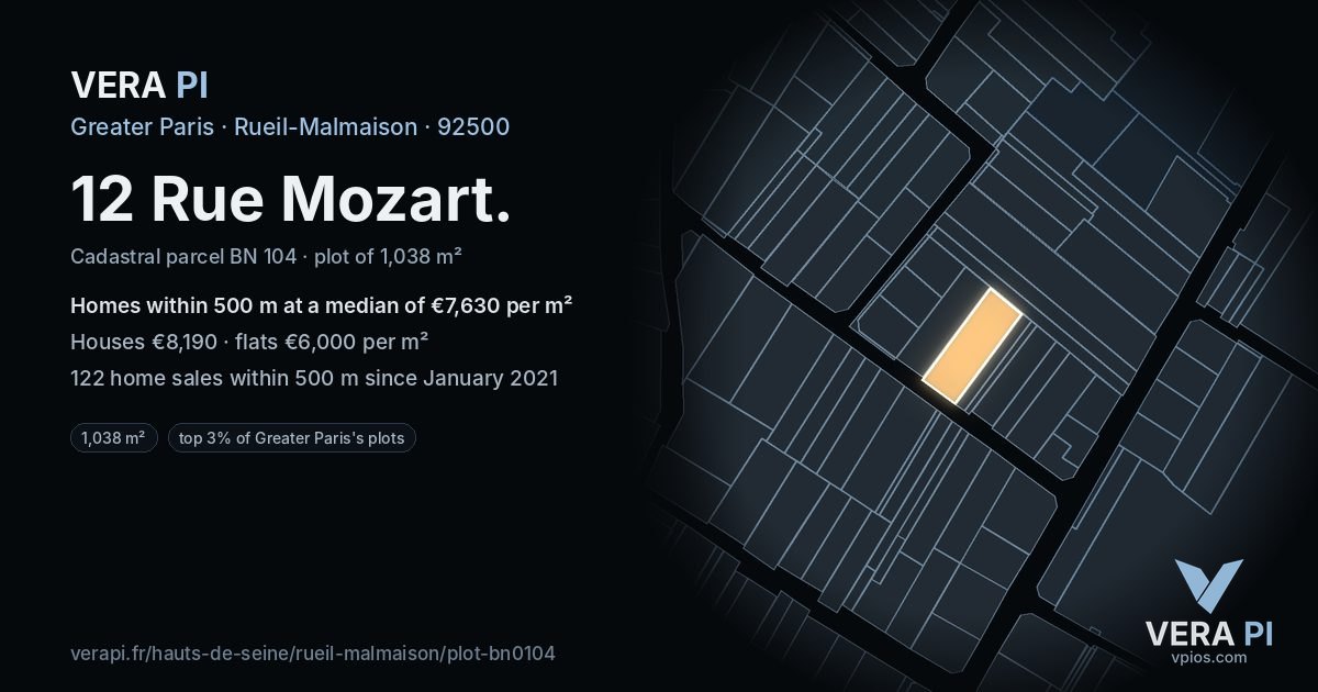 12 Rue Mozart, Rueil-Malmaison at night – the plot lit, the parcels around coloured by the prices near them