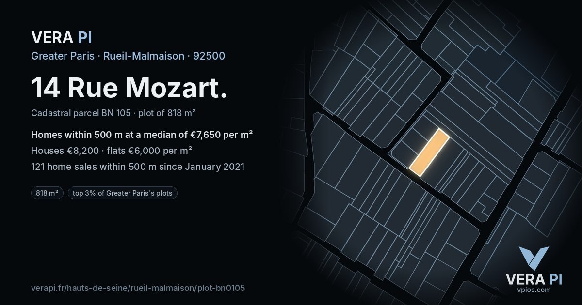 14 Rue Mozart, Rueil-Malmaison at night – the plot lit, the parcels around coloured by the prices near them