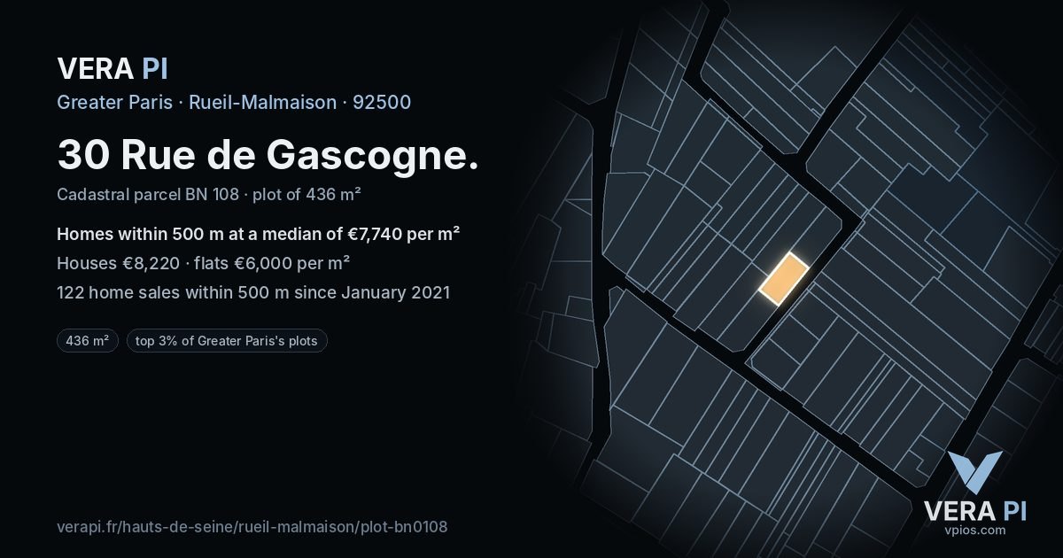 30 Rue de Gascogne, Rueil-Malmaison at night – the plot lit, the parcels around coloured by the prices near them