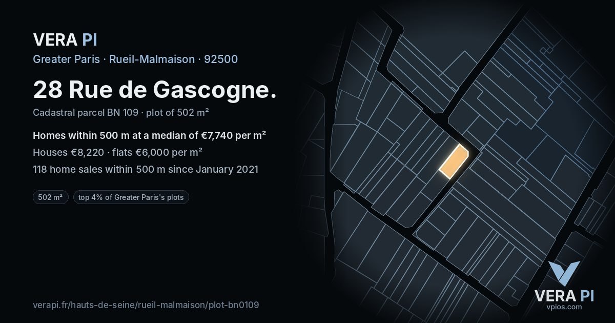 28 Rue de Gascogne, Rueil-Malmaison at night – the plot lit, the parcels around coloured by the prices near them