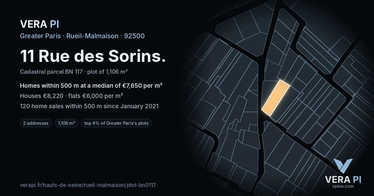 11 Rue des Sorins, Rueil-Malmaison at night – the plot lit, the parcels around coloured by the prices near them
