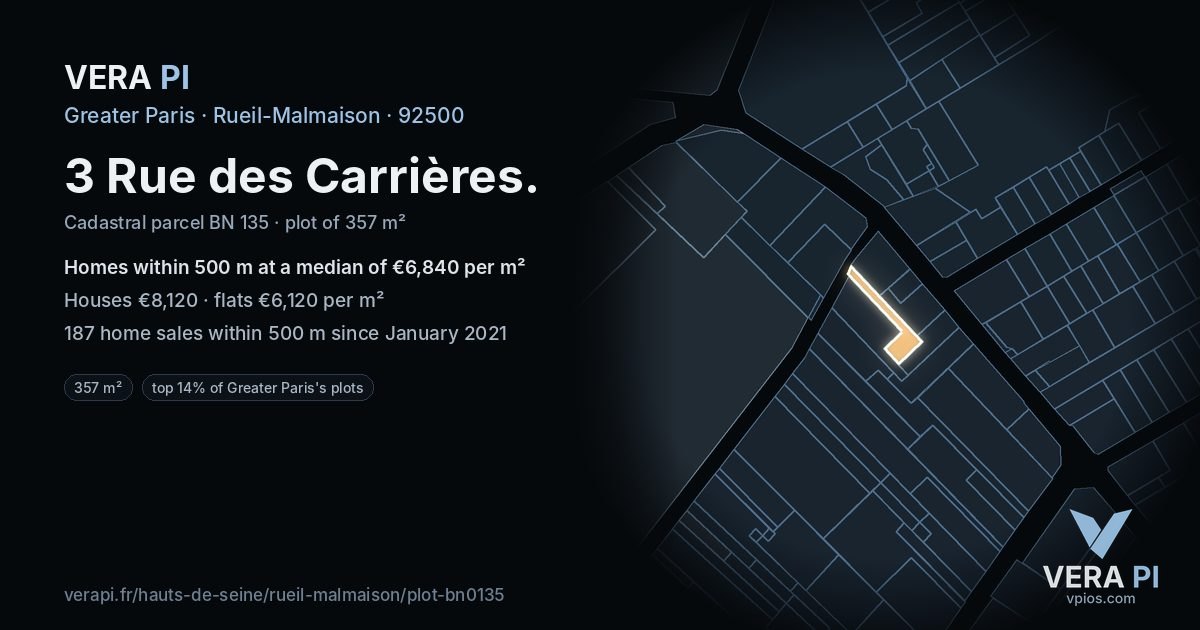 3 Rue des Carrières, Rueil-Malmaison at night – the plot lit, the parcels around coloured by the prices near them