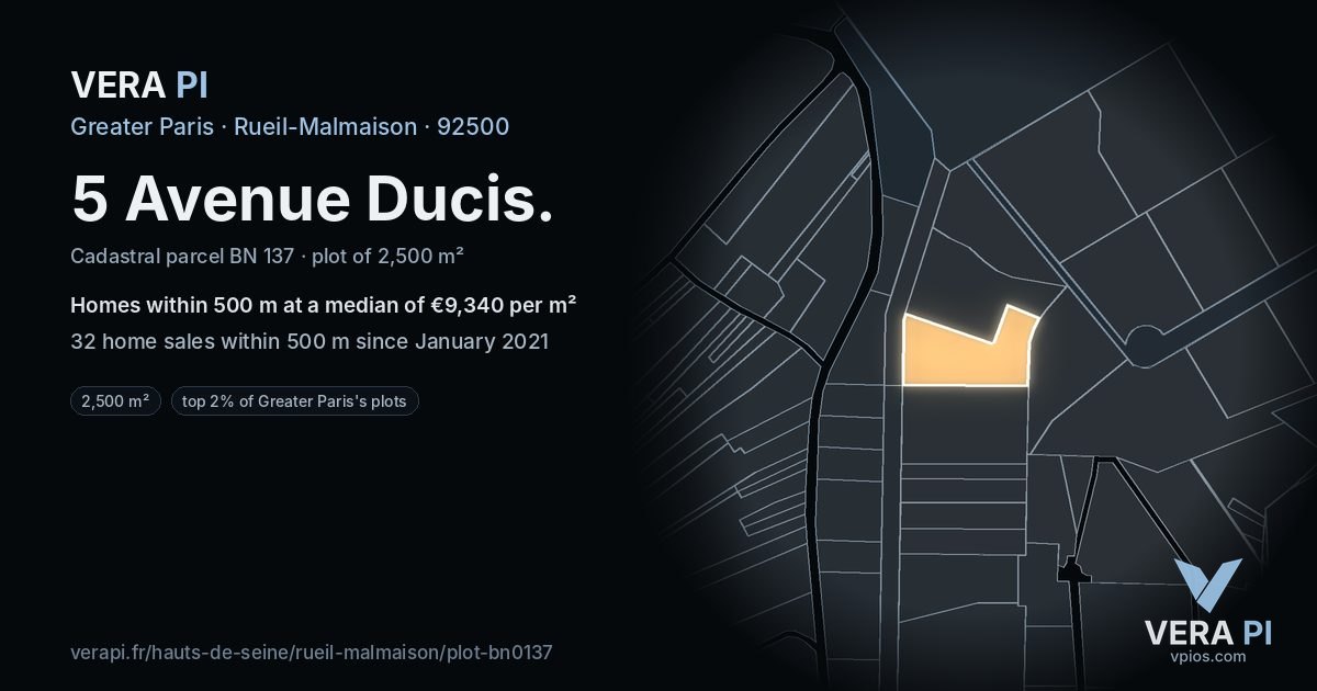 5 Avenue Ducis, Rueil-Malmaison at night – the plot lit, the parcels around coloured by the prices near them