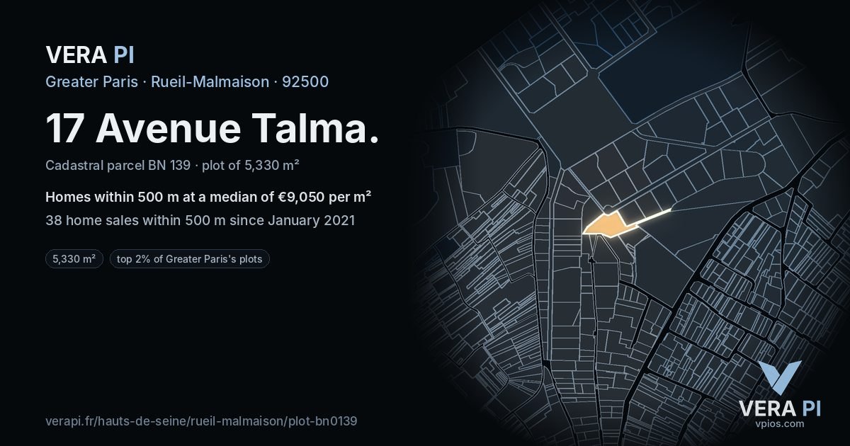 17 Avenue Talma, Rueil-Malmaison at night – the plot lit, the parcels around coloured by the prices near them