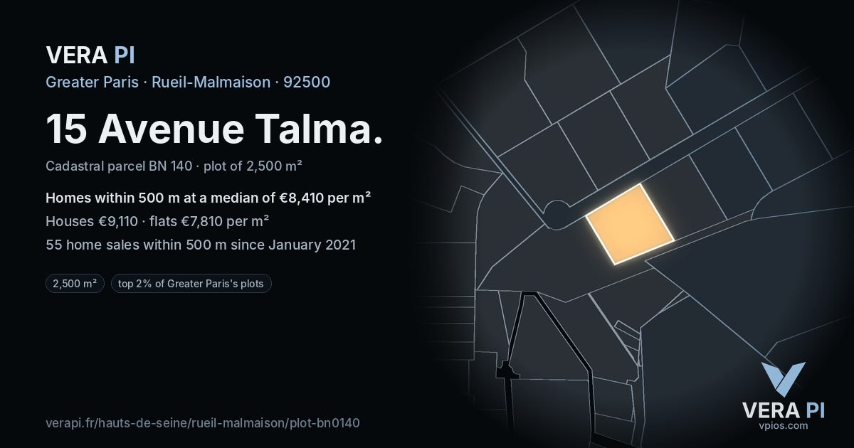15 Avenue Talma, Rueil-Malmaison at night – the plot lit, the parcels around coloured by the prices near them
