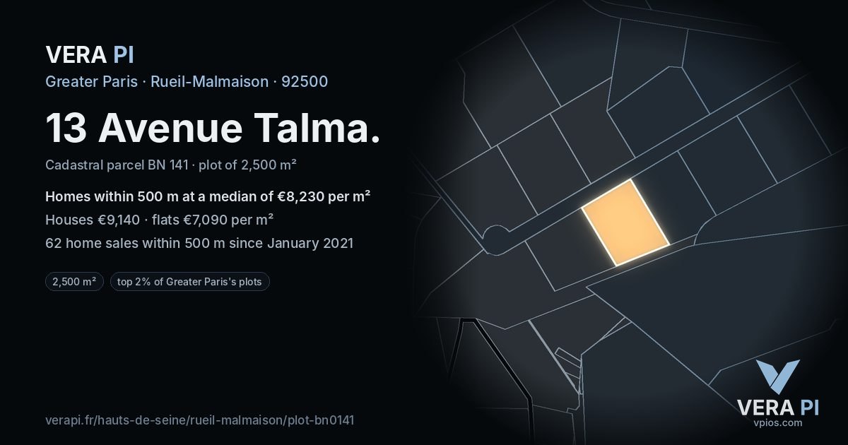 13 Avenue Talma, Rueil-Malmaison at night – the plot lit, the parcels around coloured by the prices near them