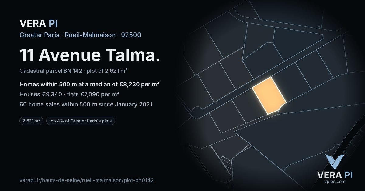 11 Avenue Talma, Rueil-Malmaison at night – the plot lit, the parcels around coloured by the prices near them