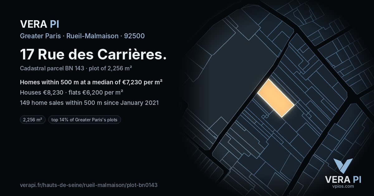 17 Rue des Carrières, Rueil-Malmaison at night – the plot lit, the parcels around coloured by the prices near them