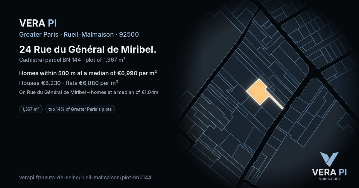 24 Rue du Général de Miribel, Rueil-Malmaison at night – the plot lit, the parcels around coloured by the prices near them
