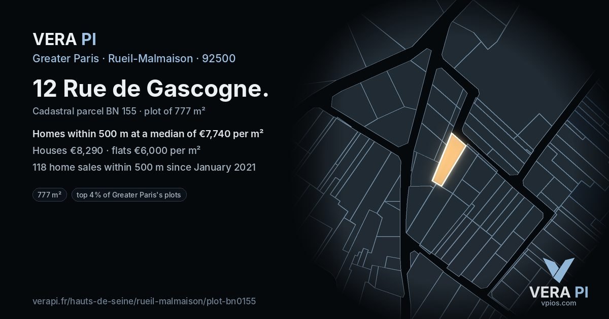 12 Rue de Gascogne, Rueil-Malmaison at night – the plot lit, the parcels around coloured by the prices near them