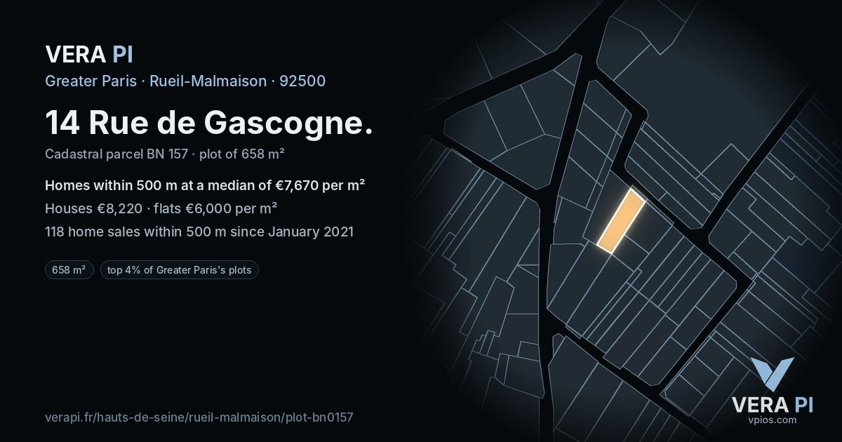 14 Rue de Gascogne, Rueil-Malmaison at night – the plot lit, the parcels around coloured by the prices near them