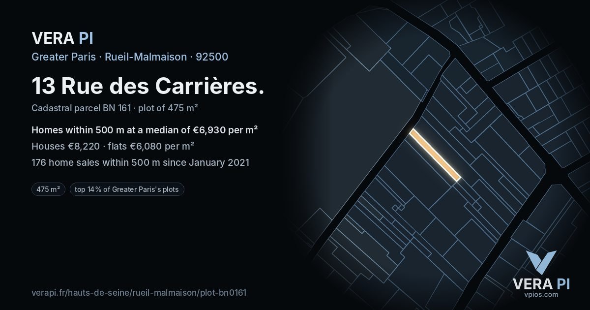 13 Rue des Carrières, Rueil-Malmaison at night – the plot lit, the parcels around coloured by the prices near them