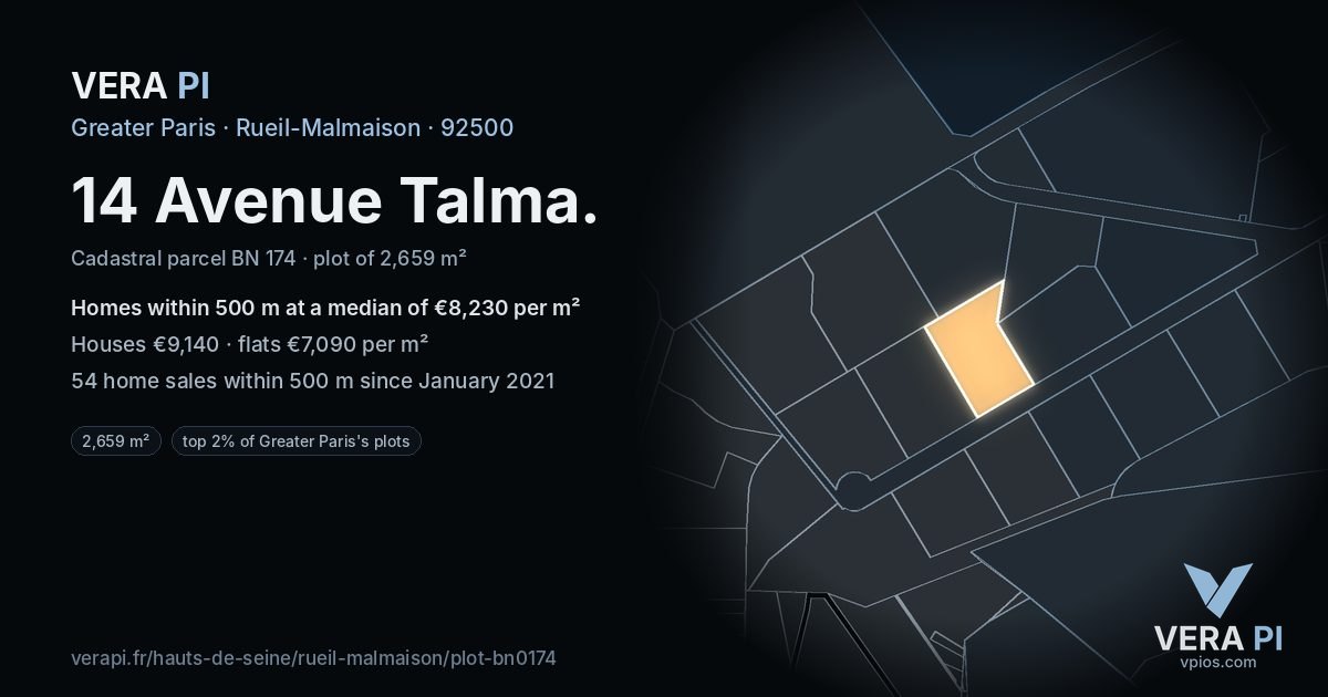 14 Avenue Talma, Rueil-Malmaison at night – the plot lit, the parcels around coloured by the prices near them