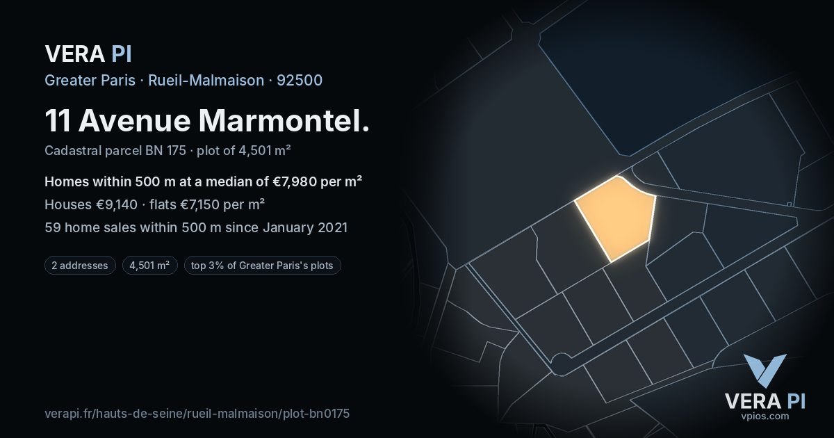 11 Avenue Marmontel, Rueil-Malmaison at night – the plot lit, the parcels around coloured by the prices near them