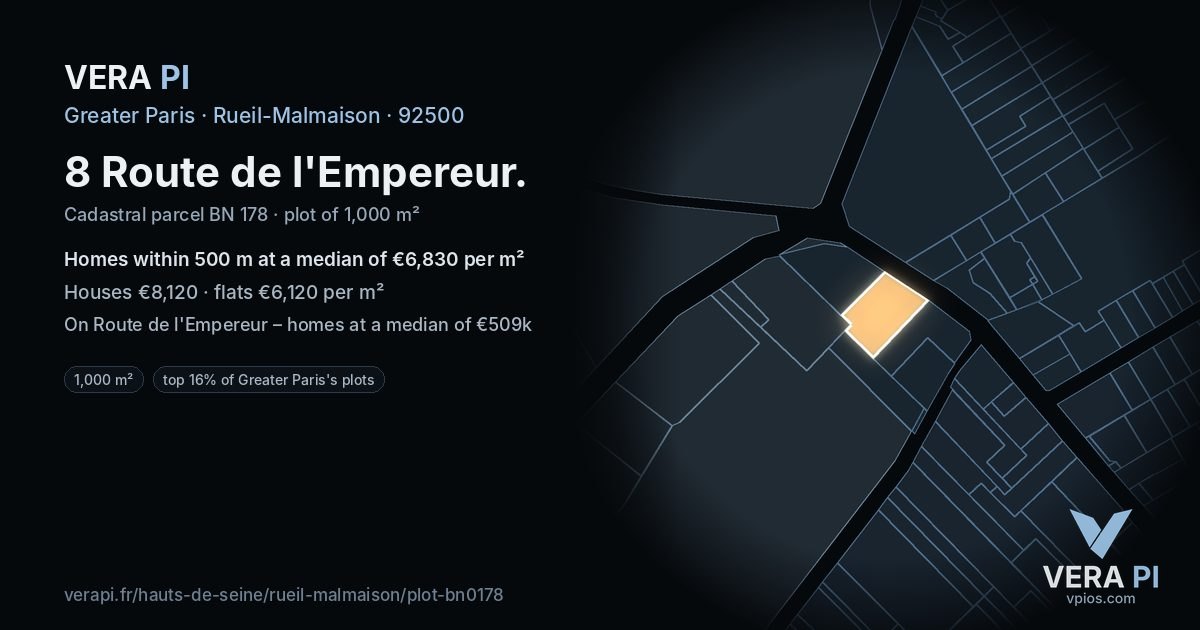 8 Route de l'Empereur, Rueil-Malmaison at night – the plot lit, the parcels around coloured by the prices near them