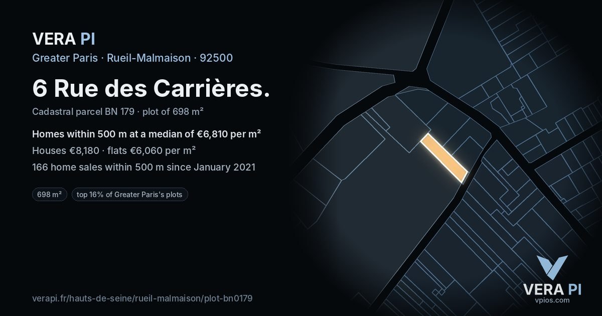 6 Rue des Carrières, Rueil-Malmaison at night – the plot lit, the parcels around coloured by the prices near them