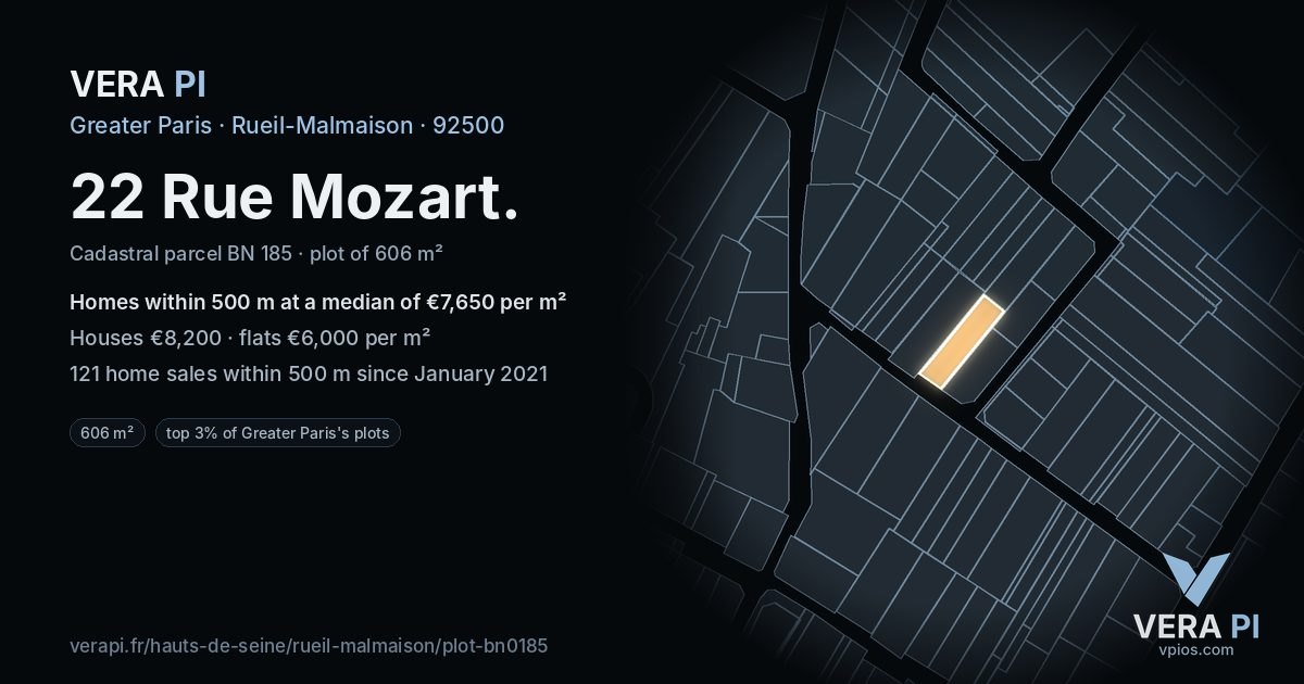 22 Rue Mozart, Rueil-Malmaison at night – the plot lit, the parcels around coloured by the prices near them