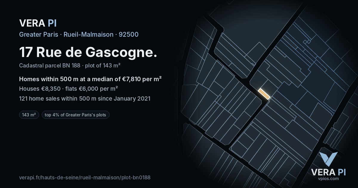 17 Rue de Gascogne, Rueil-Malmaison at night – the plot lit, the parcels around coloured by the prices near them