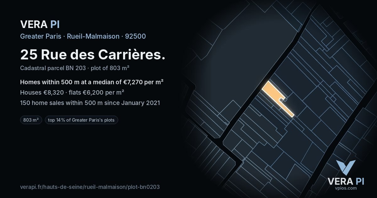 25 Rue des Carrières, Rueil-Malmaison at night – the plot lit, the parcels around coloured by the prices near them