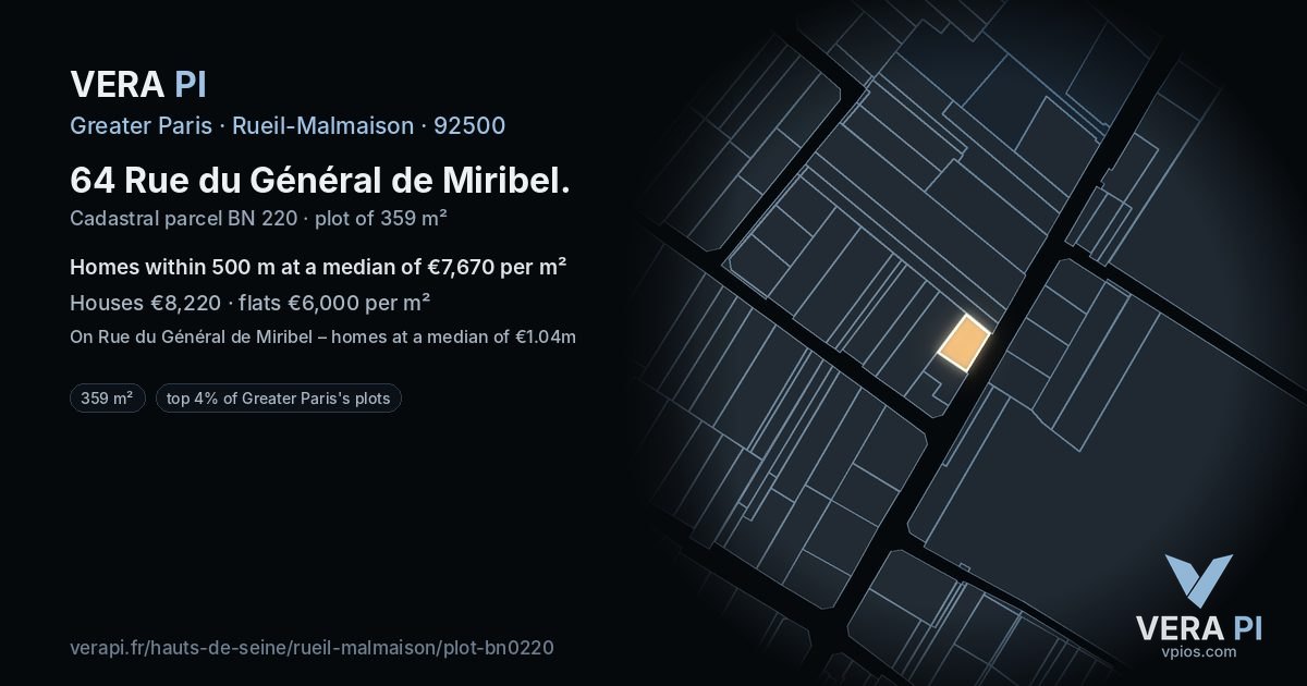 64 Rue du Général de Miribel, Rueil-Malmaison at night – the plot lit, the parcels around coloured by the prices near them
