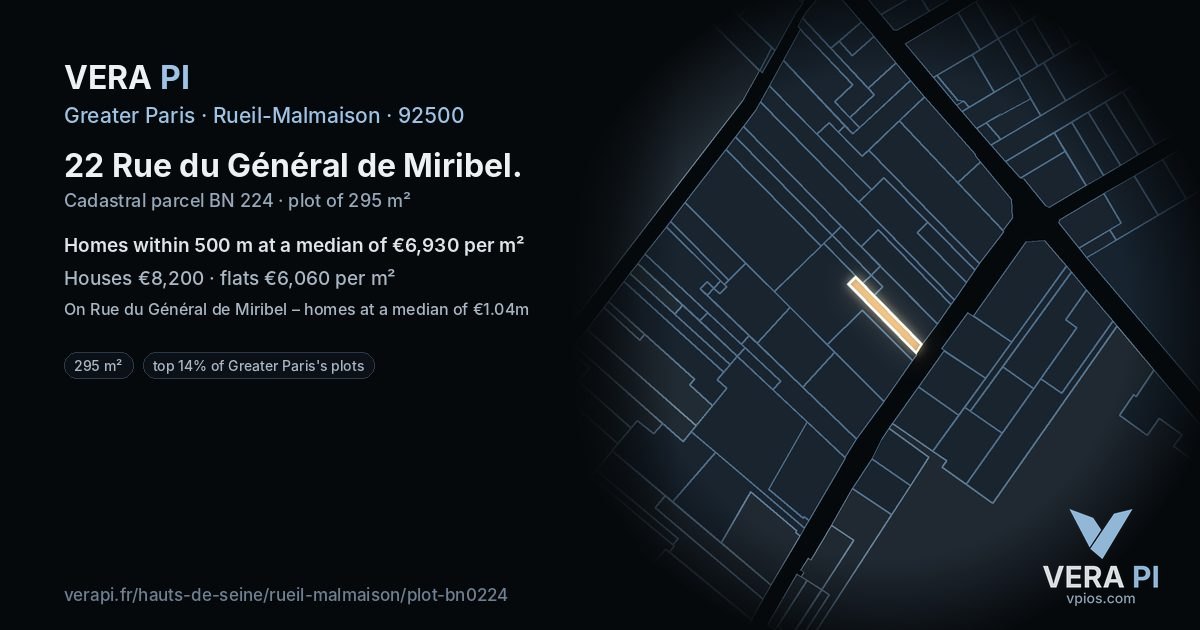 22 Rue du Général de Miribel, Rueil-Malmaison at night – the plot lit, the parcels around coloured by the prices near them